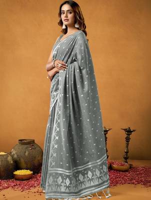 Grey ethnic motifs linen blend handloom saree 3