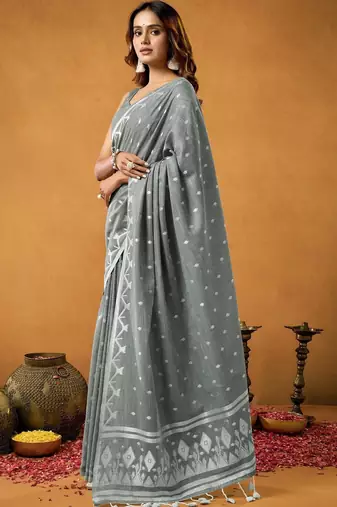 Grey ethnic motifs linen blend handloom saree