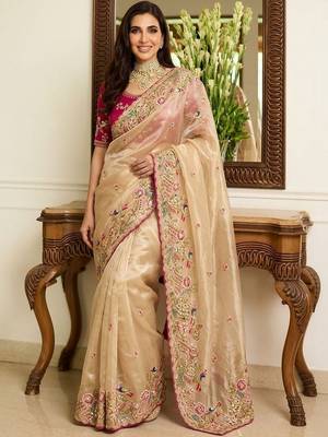Beige embroidered banarasi sarees with unstitched blouse piece 1