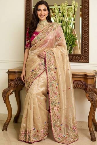 Beige embroidered banarasi sarees with unstitched blouse piece