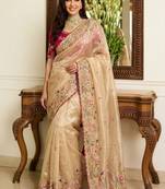 Beige embroidered banarasi sarees with unstitched blouse piece