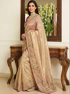 Beige embroidered banarasi sarees with unstitched blouse piece 2