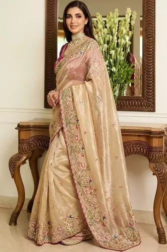 Beige embroidered banarasi sarees with unstitched blouse piece