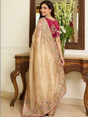 Beige embroidered banarasi sarees with unstitched blouse piece 3