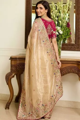 Beige embroidered banarasi sarees with unstitched blouse piece