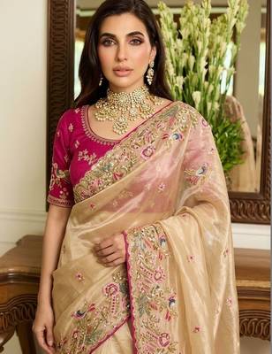 Beige embroidered banarasi sarees with unstitched blouse piece 4