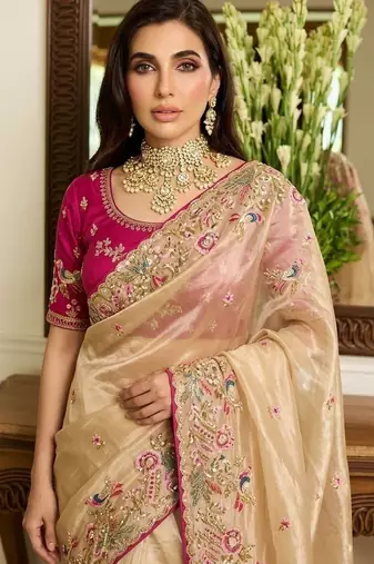 Beige embroidered banarasi sarees with unstitched blouse piece