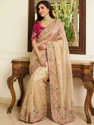 Beige embroidered banarasi sarees with unstitched blouse piece 5
