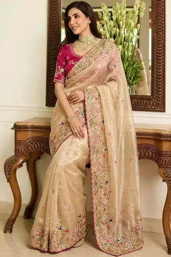 Beige embroidered banarasi sarees with unstitched blouse piece