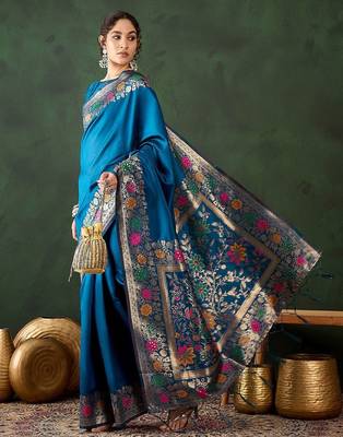 Teal woven design banarasi saree with blouse piece 1