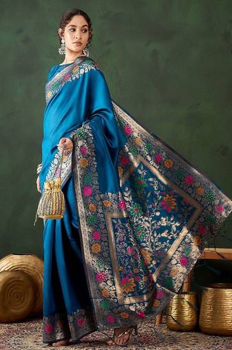 Teal woven design banarasi saree with blouse piece