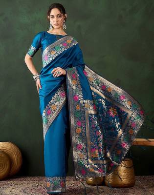 Teal woven design banarasi saree with blouse piece 2