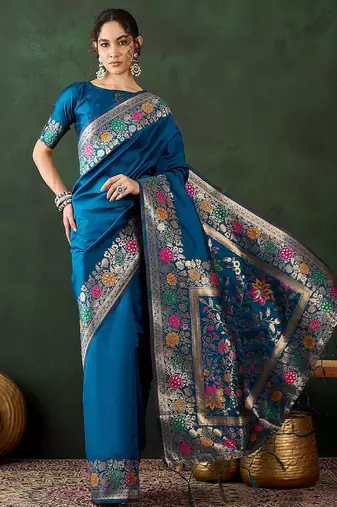 Teal woven design banarasi saree with blouse piece