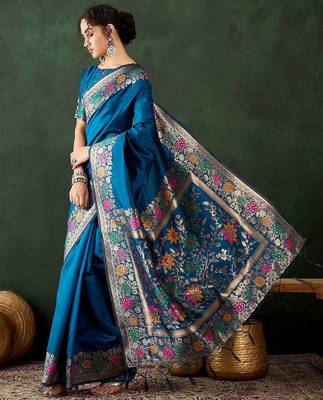 Teal woven design banarasi saree with blouse piece 3