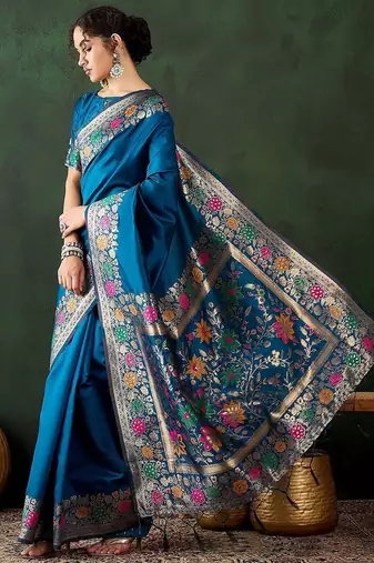 Teal woven design banarasi saree with blouse piece