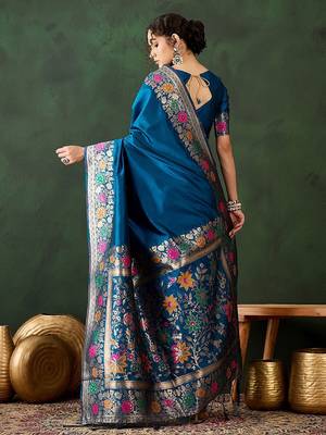 Teal woven design banarasi saree with blouse piece 4