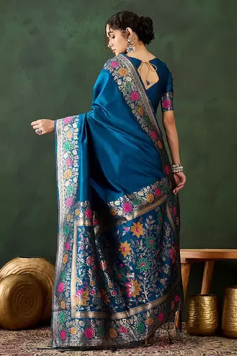 Teal woven design banarasi saree with blouse piece