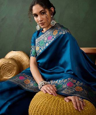 Teal woven design banarasi saree with blouse piece 5