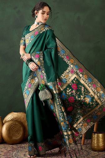 Green woven design banarasi saree with blouse piece