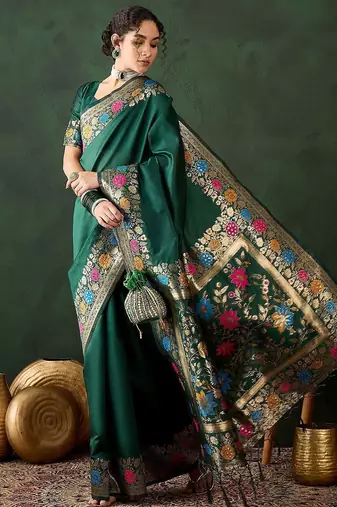 Green woven design banarasi saree with blouse piece