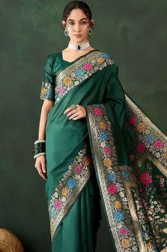 Green woven design banarasi saree with blouse piece