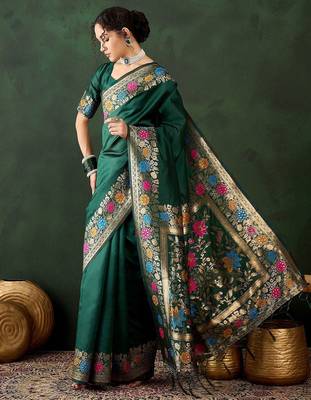 Green woven design banarasi saree with blouse piece 3