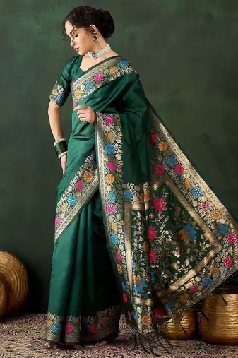 Green woven design banarasi saree with blouse piece