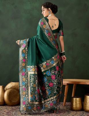 Green woven design banarasi saree with blouse piece 4