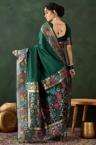 Green woven design banarasi saree with blouse piece