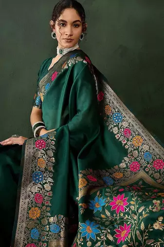 Green woven design banarasi saree with blouse piece