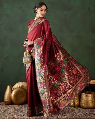 Maroon woven design banarasi saree with blouse piece 1