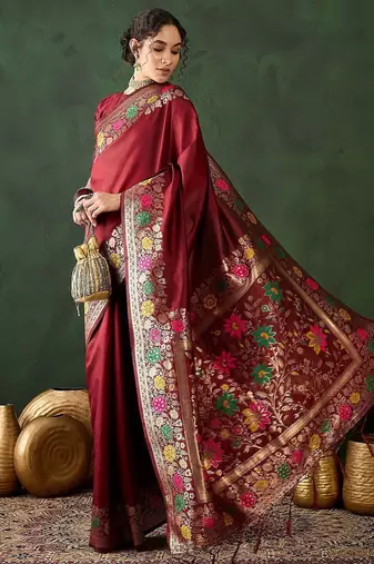 Maroon woven design banarasi saree with blouse piece