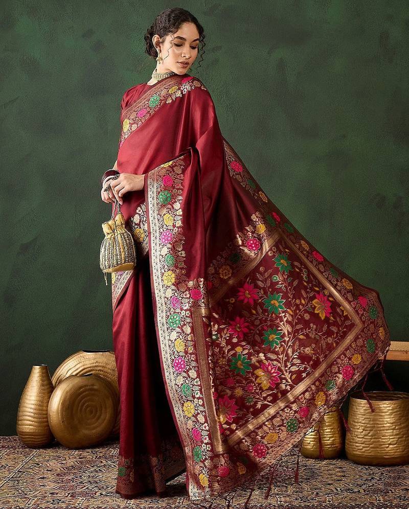 Maroon woven design banarasi saree with blouse piece