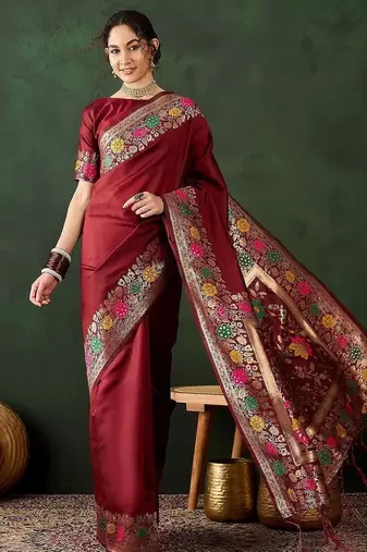 Maroon woven design banarasi saree with blouse piece