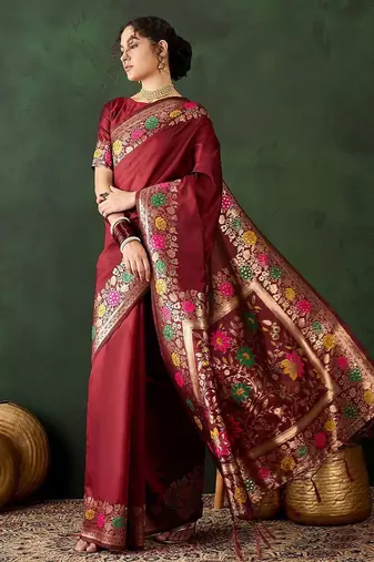 Maroon woven design banarasi saree with blouse piece