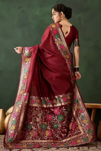 Maroon woven design banarasi saree with blouse piece