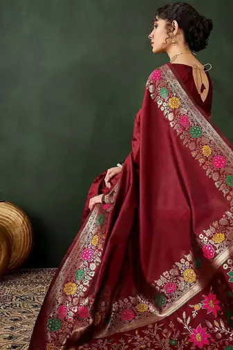 Maroon woven design banarasi saree with blouse piece