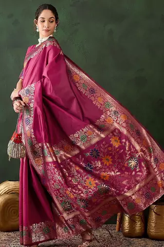 Pink woven design banarasi saree with blouse piece