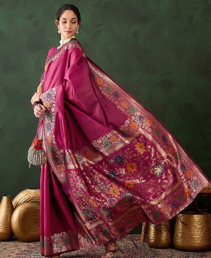 Pink woven design banarasi saree with blouse piece