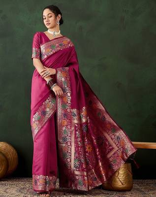 Pink woven design banarasi saree with blouse piece 2