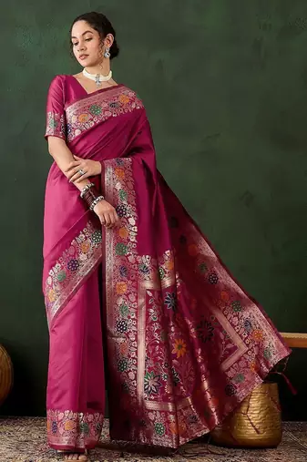 Pink woven design banarasi saree with blouse piece