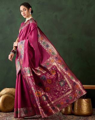 Pink woven design banarasi saree with blouse piece 3
