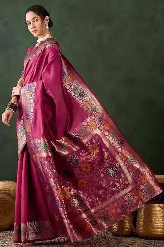 Pink woven design banarasi saree with blouse piece