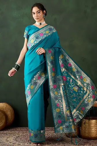Green woven design banarasi saree with blouse piece