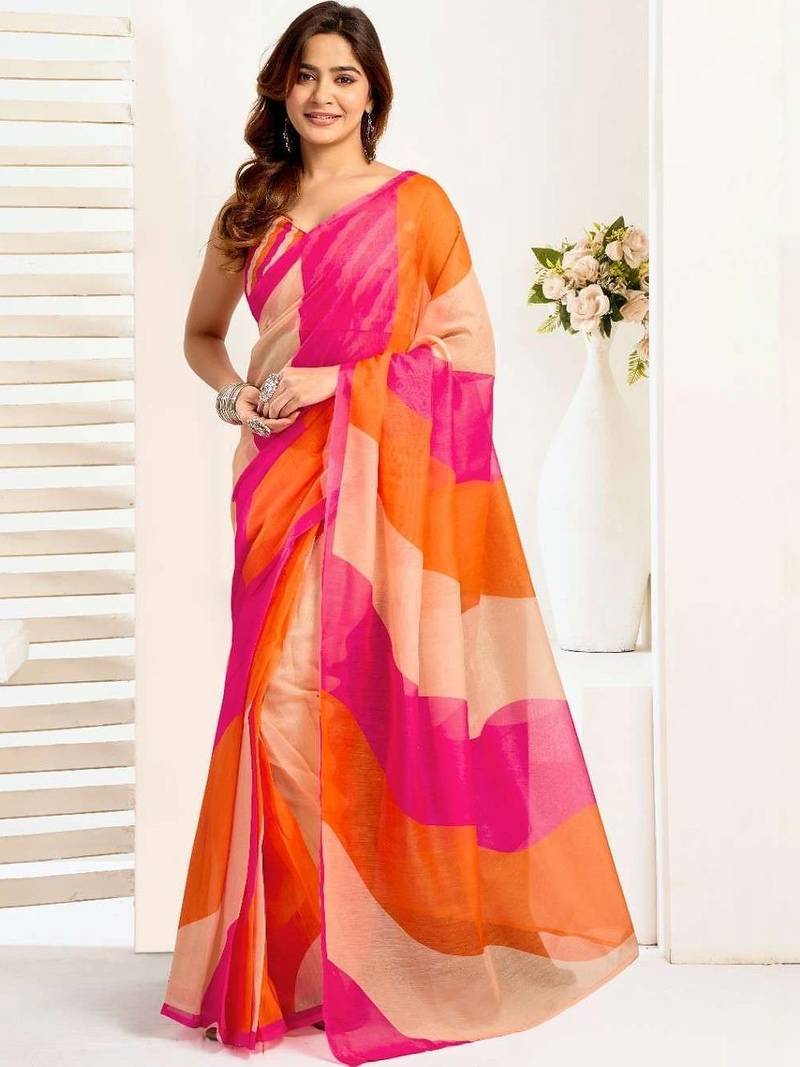 Multicolor linen printed ready to wear saree