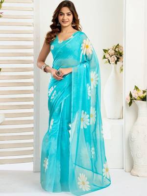 Turquoise sky blue linen printed ready to wear saree 1