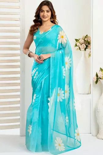 Turquoise sky blue linen printed ready to wear saree