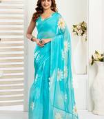 Turquoise sky blue linen printed ready to wear saree
