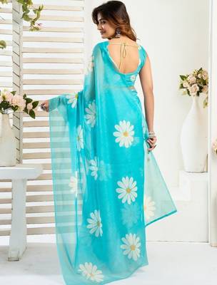 Turquoise sky blue linen printed ready to wear saree 2