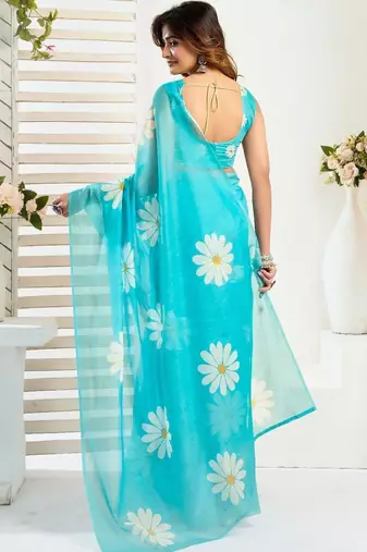 Turquoise sky blue linen printed ready to wear saree